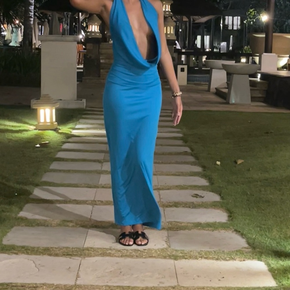 Zara blue deep plunge dress